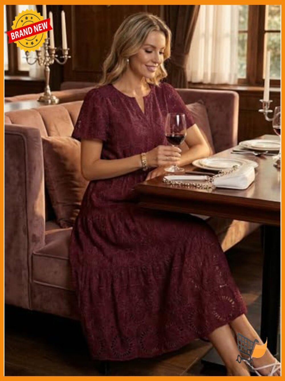 Women's Summer Boho Floral Maxi Dress Eyelet Lace Short Sleeve A Line - Picture 6 of 7